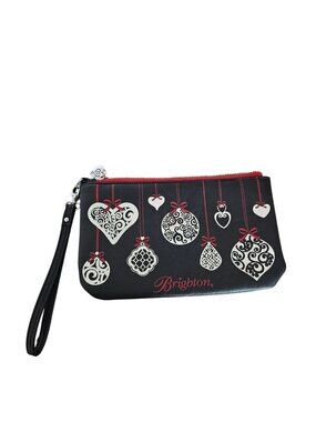 Brighton Black Wristlet Bag With Red Zipper Hanging Heart & Ornament Design Silv